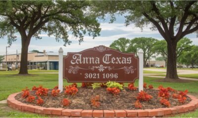 A charming view of Anna Texas with a mix of historic buildings, modern homes, and open fields under a bright Texas sky.