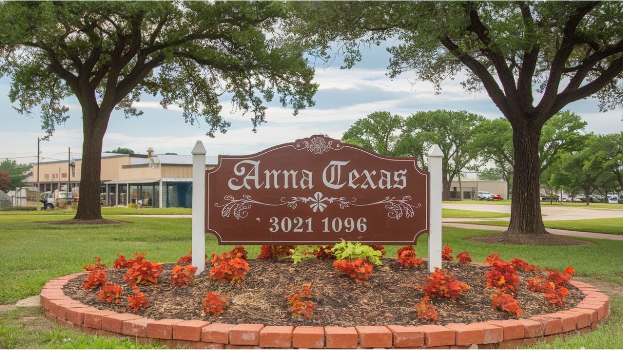 A charming view of Anna Texas with a mix of historic buildings, modern homes, and open fields under a bright Texas sky.