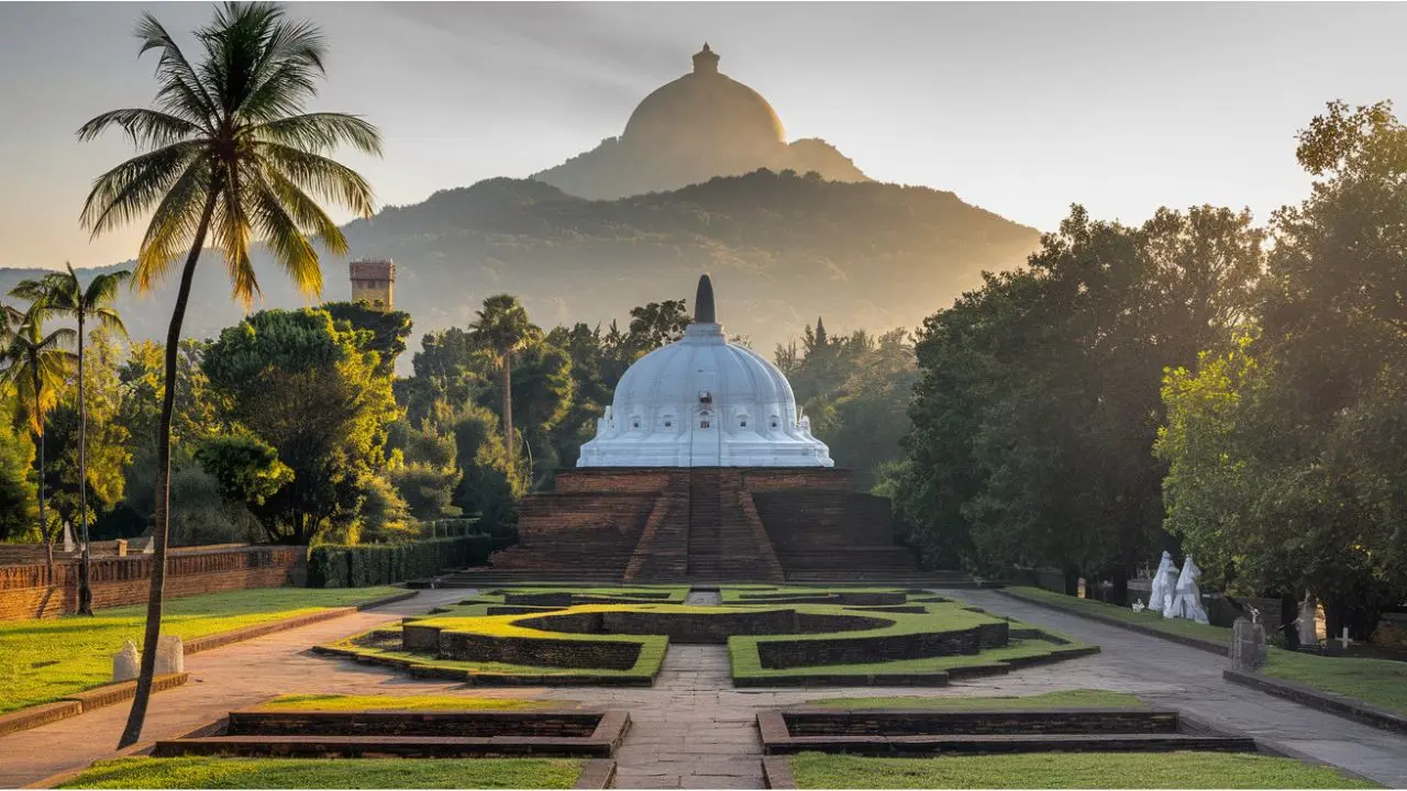 A serene view of Lumbini with temples, stupas, and the Ashokan Pillar under a vibrant sky.
