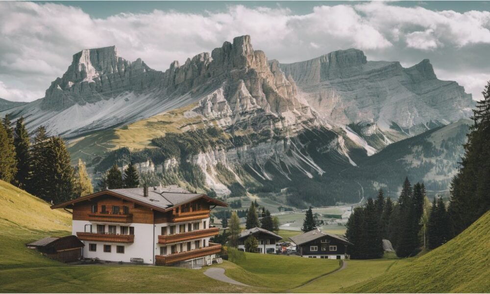 A panoramic view of the Tyrolean Alps with snow-capped peaks, lush valleys, and a quaint alpine village under a bright blue sky.