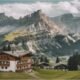 A panoramic view of the Tyrolean Alps with snow-capped peaks, lush valleys, and a quaint alpine village under a bright blue sky.