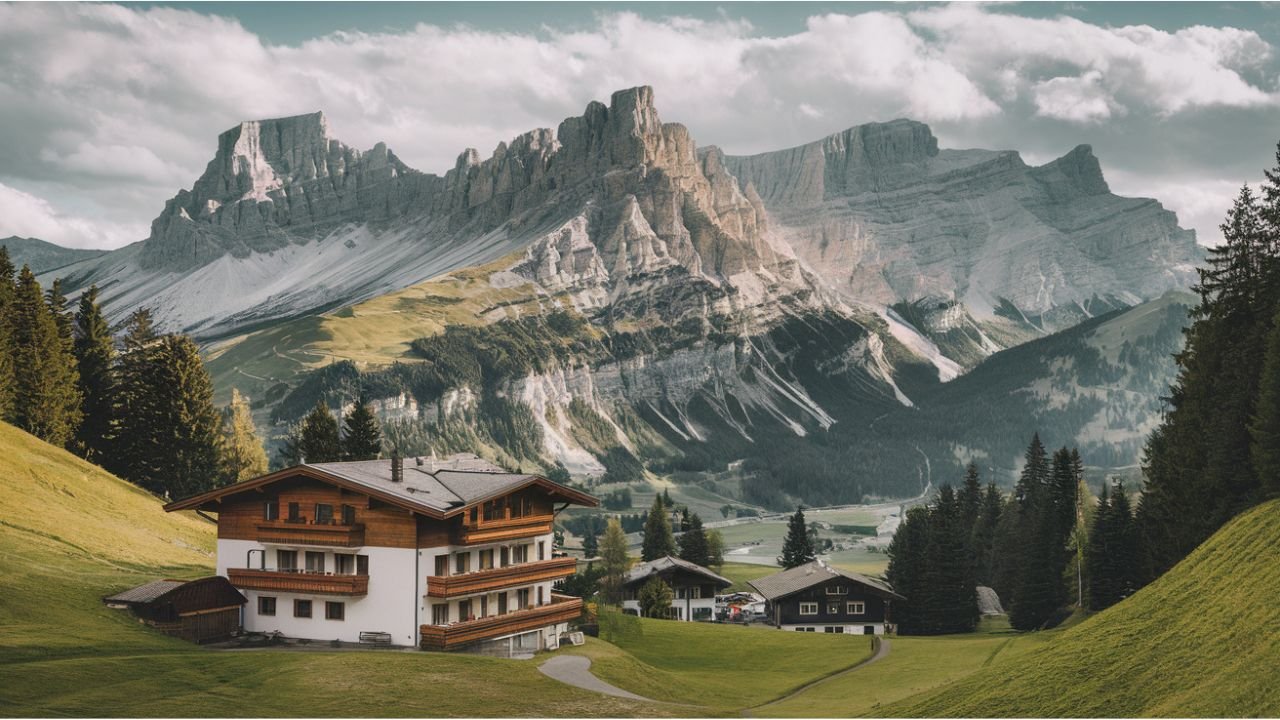 A panoramic view of the Tyrolean Alps with snow-capped peaks, lush valleys, and a quaint alpine village under a bright blue sky.