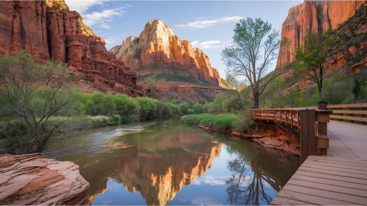 Stunning cliffs, canyons, and landscapes in Zion National Park during sunrise, showcasing the park's natural beauty.