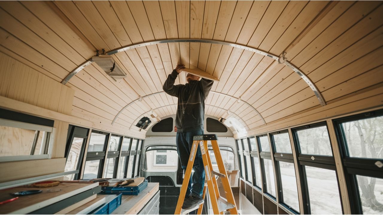 Installing a Pine Tongue and Groove Ceiling On Our skoolie