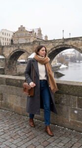 Smart Casual Scarf-Layered Cold Weather Travel Outfit