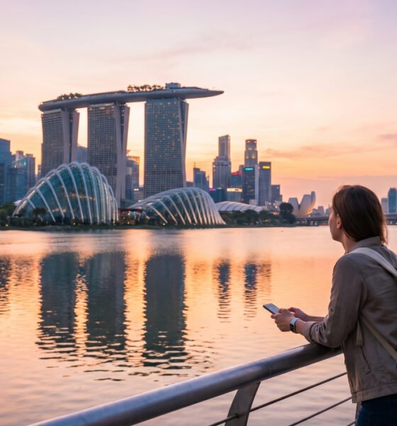 Traveler admiring Singapore's Marina Bay Sands and skyline at sunset during a few days in Singapore