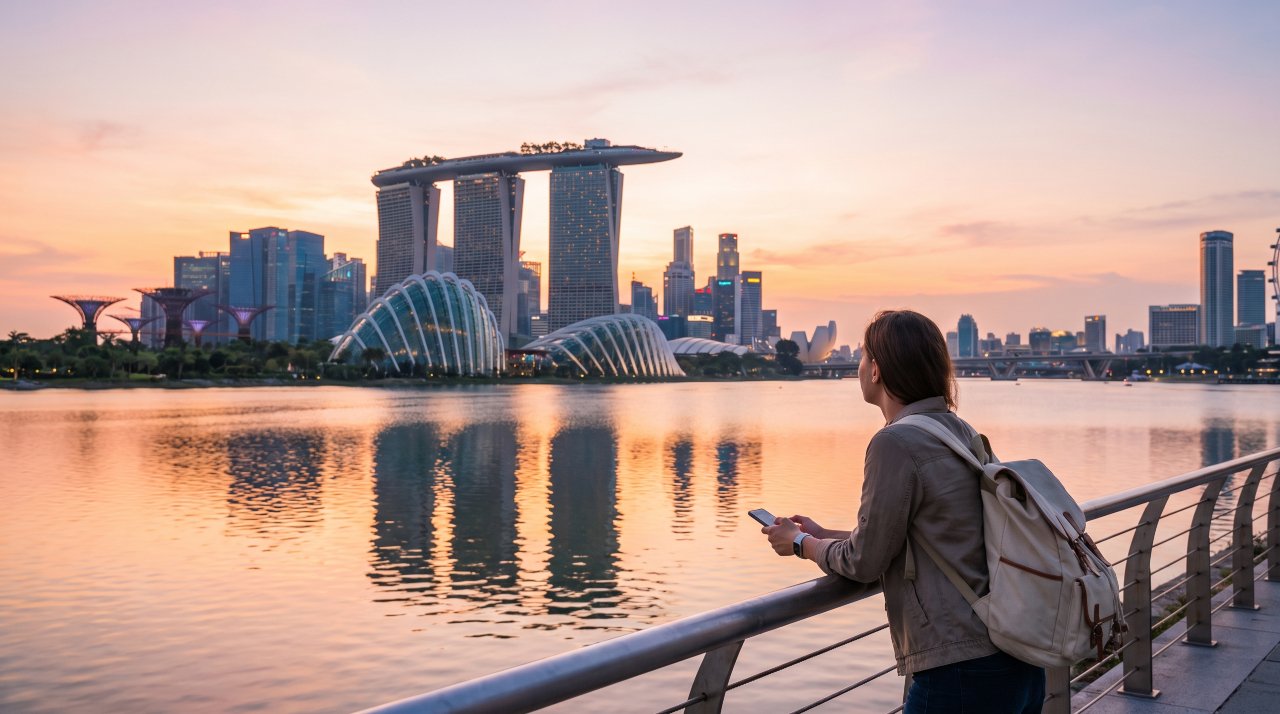 Traveler admiring Singapore's Marina Bay Sands and skyline at sunset during a few days in Singapore