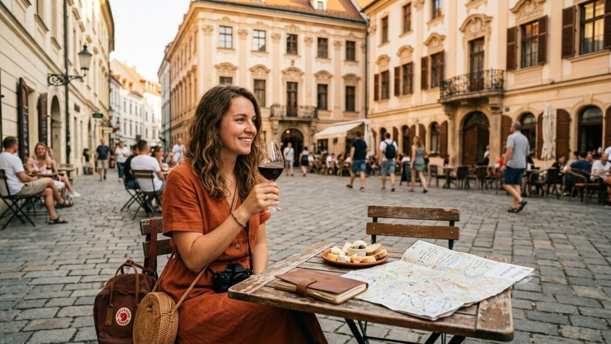 Solo female traveler at cobblestone cafe in Eastern Europe with wine and map — affordable european destinations