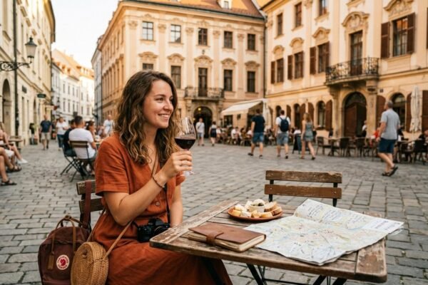Solo female traveler at cobblestone cafe in Eastern Europe with wine and map — affordable european destinations