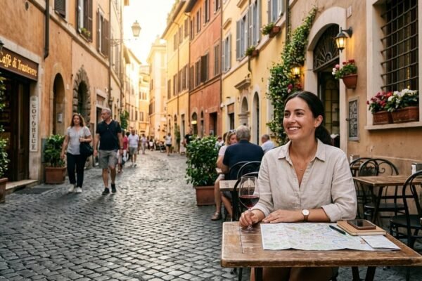Woman traveler at outdoor cafe on European cobblestone street — best budget travel destinations 2026