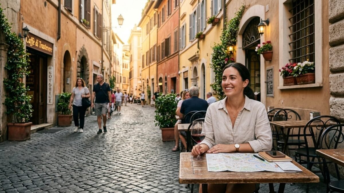 Woman traveler at outdoor cafe on European cobblestone street — best budget travel destinations 2026