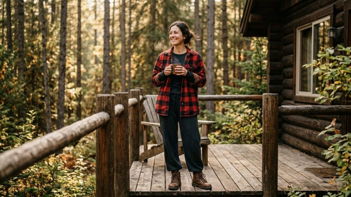 Woman in cozy flannel and hiking boots standing outside a forest cabin — cabin trip outfit packing ideas for women