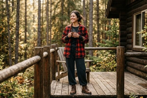 Woman in cozy flannel and hiking boots standing outside a forest cabin — cabin trip outfit packing ideas for women