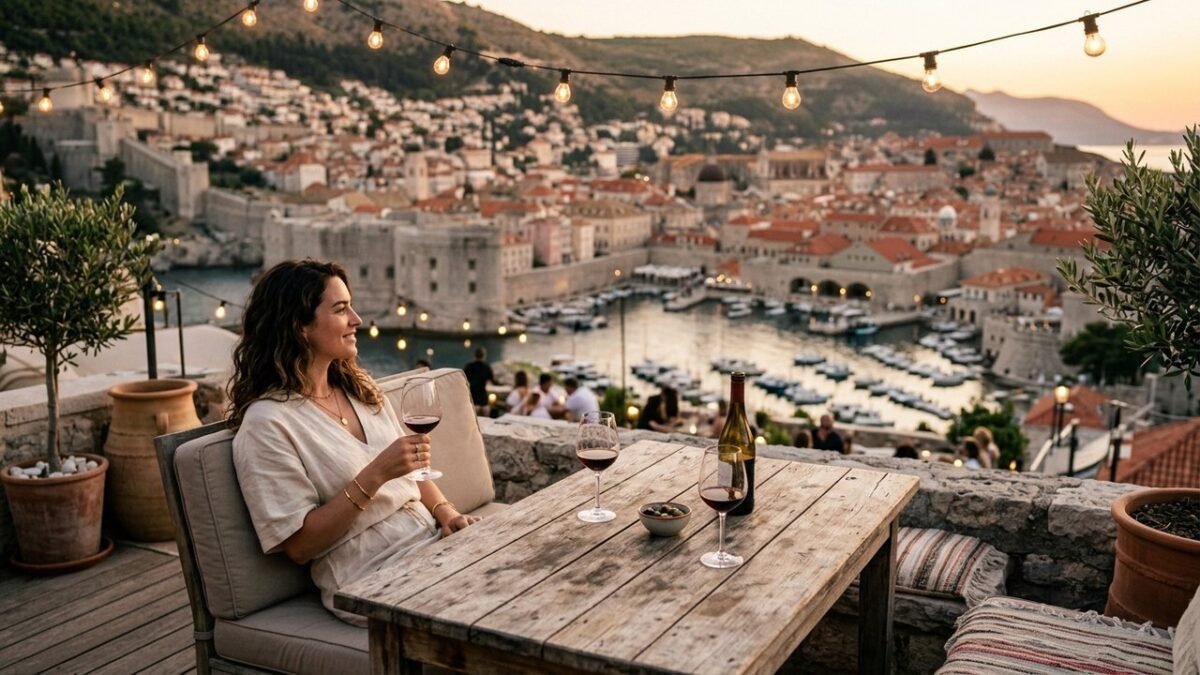 Woman on Mediterranean rooftop terrace with wine and old town harbor view — cheap places to travel 2026
