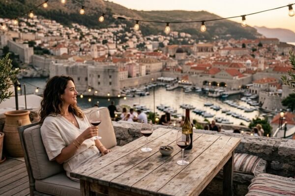 Woman on Mediterranean rooftop terrace with wine and old town harbor view — cheap places to travel 2026