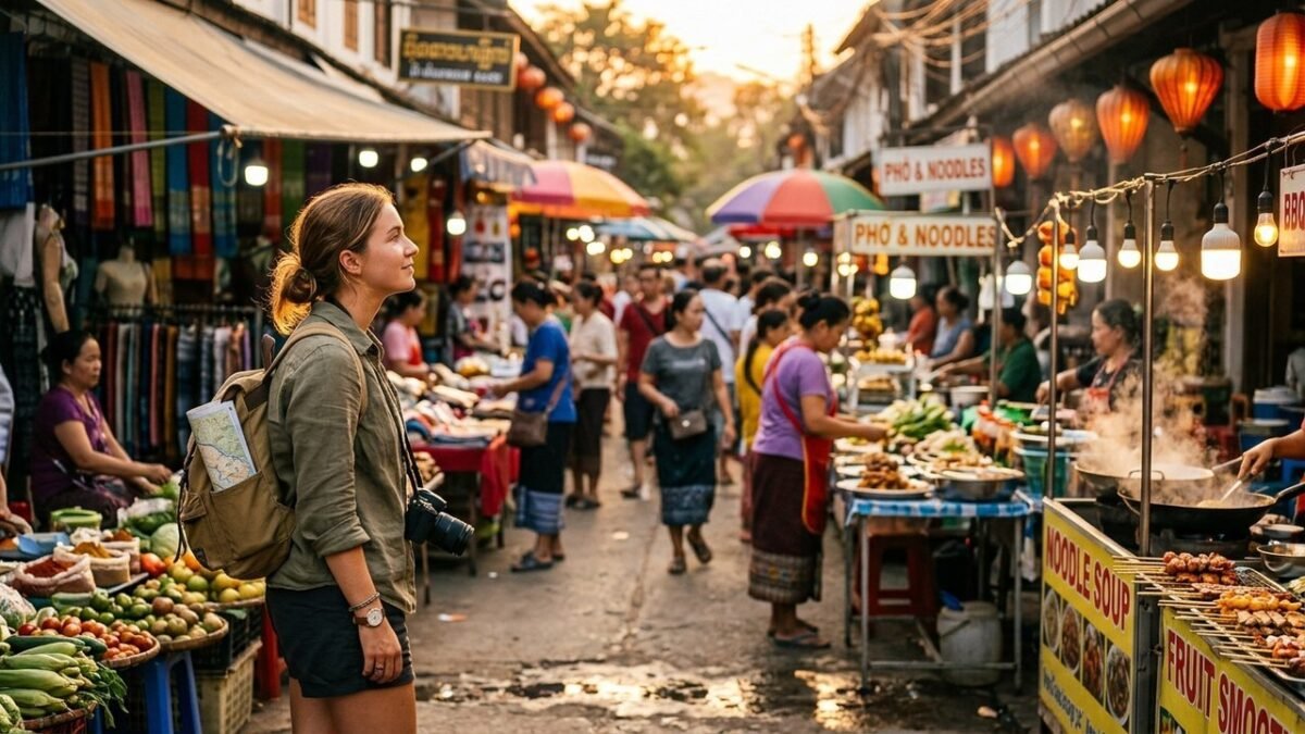 Traveler at a Southeast Asian street market at golden hour — cheapest countries to visit in 2026