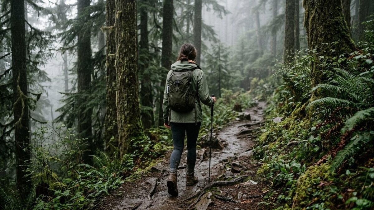 Solo female hiker in stylish outdoor jacket with trekking poles on mountain trail — hiking outfits women