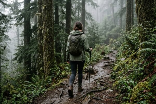 Solo female hiker in stylish outdoor jacket with trekking poles on mountain trail — hiking outfits women