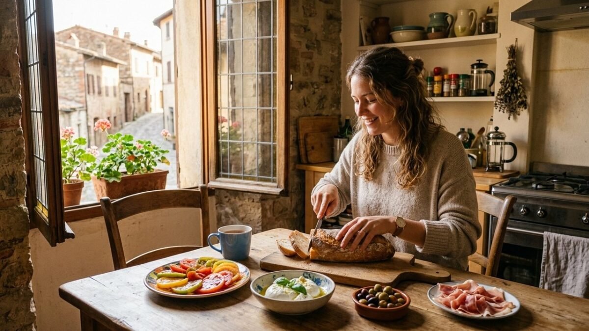 Woman slicing fresh baguette in sunlit European holiday apartment kitchen — easy airbnb meals