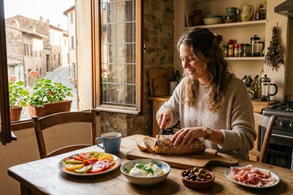 Woman slicing fresh baguette in sunlit European holiday apartment kitchen — easy airbnb meals