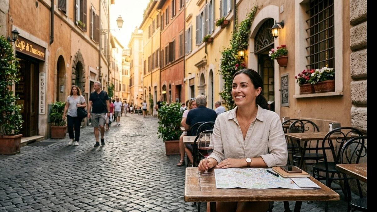 Traveler consulting transit map and smartphone at outdoor cafe on European cobblestone square — europe trip planning mistakes