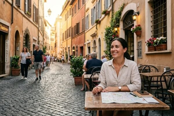 Traveler consulting transit map and smartphone at outdoor cafe on European cobblestone square — europe trip planning mistakes