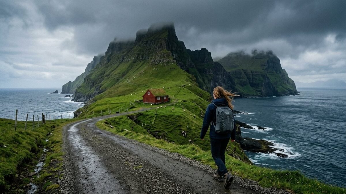 Solo female traveler walking gravel road toward Faroe Islands sea cliffs with red cottage and dark ocean