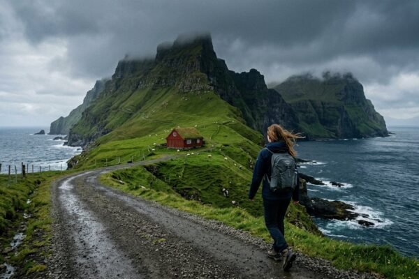 Solo female traveler walking gravel road toward Faroe Islands sea cliffs with red cottage and dark ocean