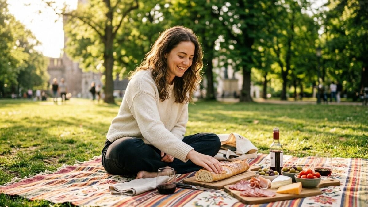 Woman on picnic blanket in European park with grocery store picnic spread — baguette, cheese, charcuterie, olives