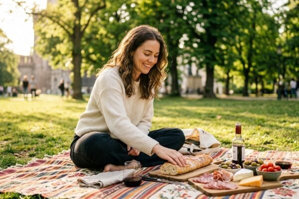 Woman on picnic blanket in European park with grocery store picnic spread — baguette, cheese, charcuterie, olives
