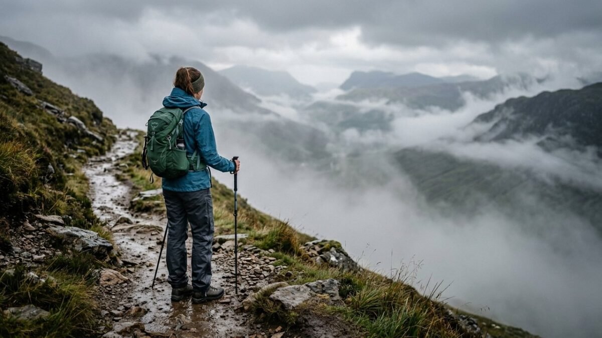 Solo female hiker in teal rain jacket on misty mountain trail — what to wear hiking in rain