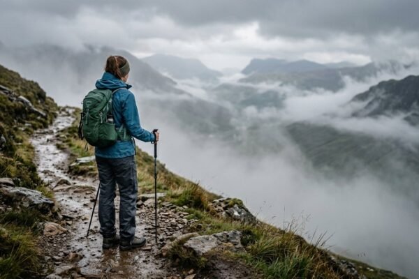 Solo female hiker in teal rain jacket on misty mountain trail — what to wear hiking in rain