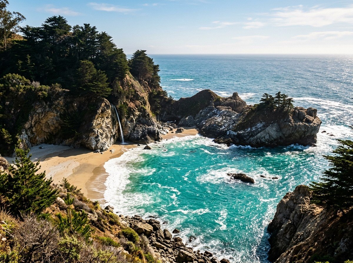 McWay Falls waterfall cascading into turquoise ocean water in Big Sur on the Pacific Coast Highway
