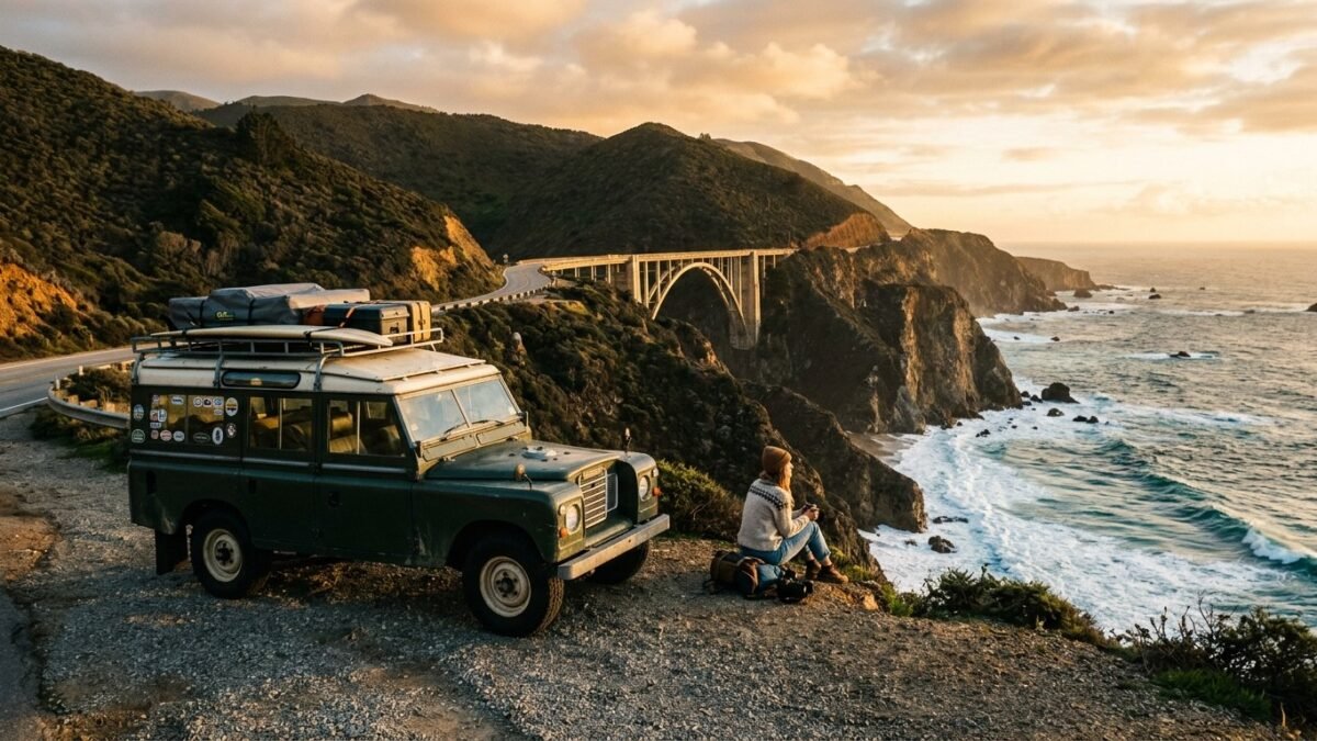 Scenic view of Bixby Creek Bridge on the Pacific Coast Highway during a 5-day road trip at golden hour