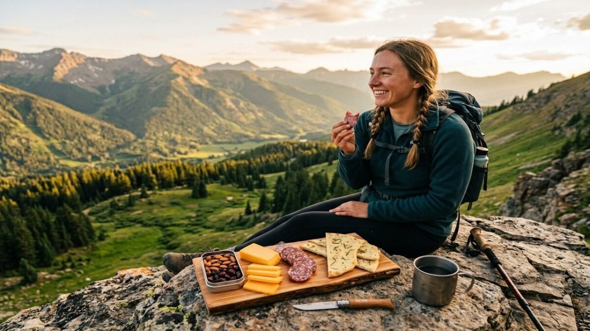 Hiker enjoying packable trail lunch of flatbread and cheese on an alpine mountain summit