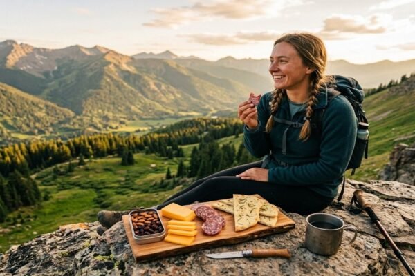 Hiker enjoying packable trail lunch of flatbread and cheese on an alpine mountain summit