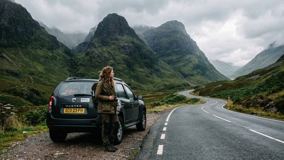 Solo female traveler in olive jacket by rental car on scenic winding road in Glencoe — scotland highlands travel