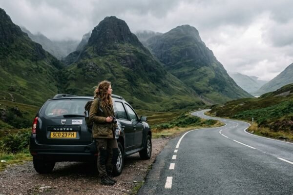 Solo female traveler in olive jacket by rental car on scenic winding road in Glencoe — scotland highlands travel