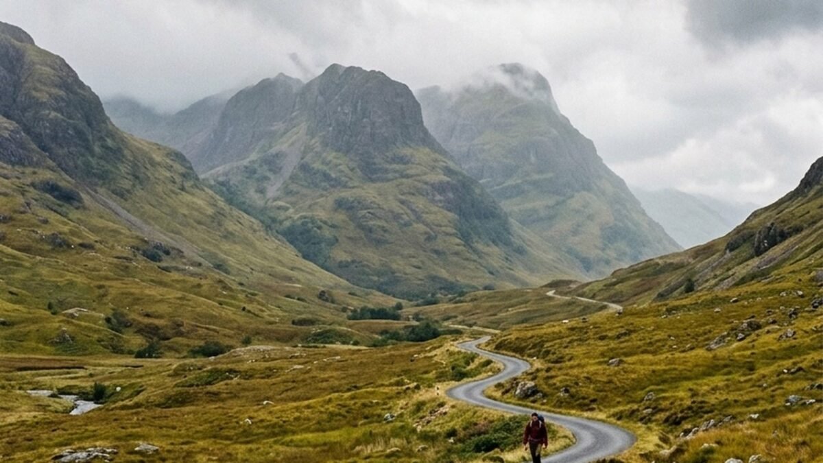 Solo female traveler looking out panoramic train window over dramatic Scottish Highlands scenery — scotland without a car