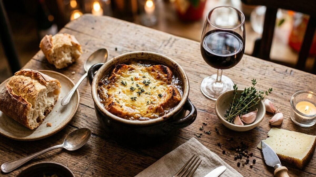 Rustic table with French onion soup and European ingredients — travel inspired recipes from Europe