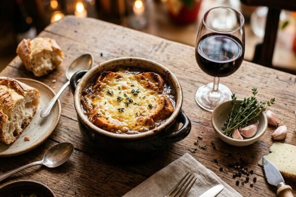 Rustic table with French onion soup and European ingredients — travel inspired recipes from Europe