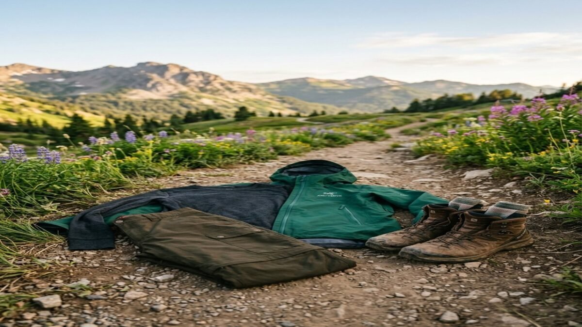Women's trekking outfit flatlay on alpine mountain trail with hiking jacket, pants, and boots