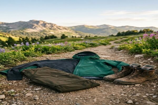 Women's trekking outfit flatlay on alpine mountain trail with hiking jacket, pants, and boots