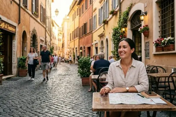 Woman traveler at outdoor cafe on European cobblestone street — best budget travel destinations 2026