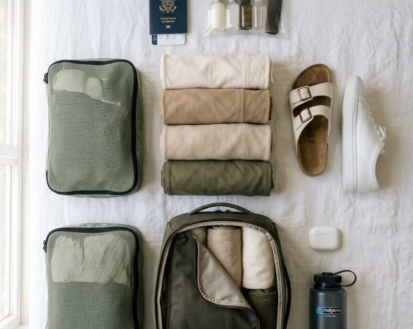 Top-down flat lay of carry-on packing essentials with compression cubes, rolled clothing, passport and shoes