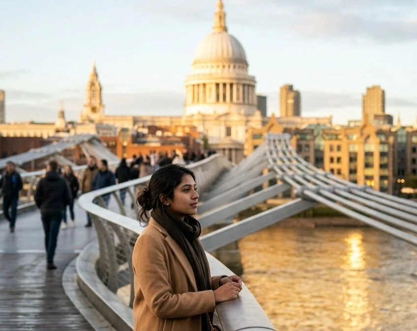 Woman in camel coat on Millennium Bridge London with St Pauls Cathedral at golden hour